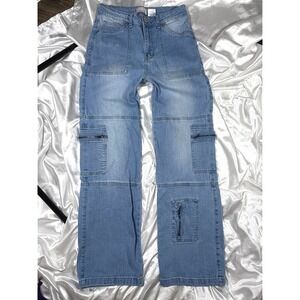 y2k Lilac Sunset Cargo Jeans Light Blue Wide Leg Multi Pocket Utility